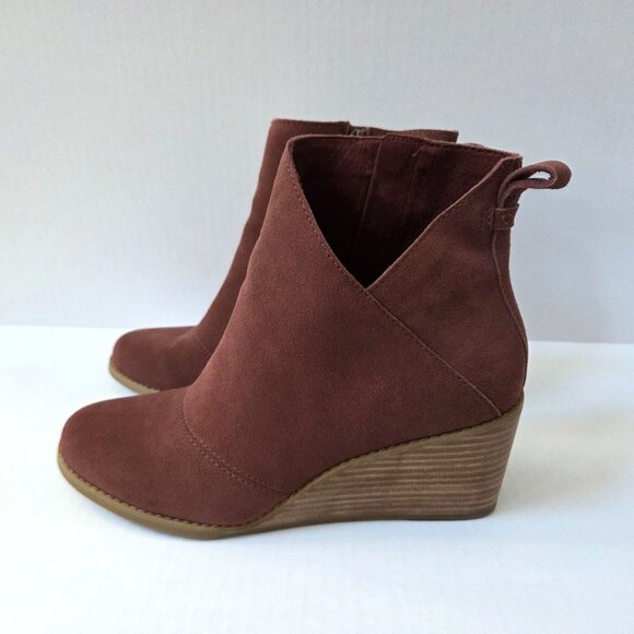 Toms Boots Womens 9 Sutton Chestnut Brown Suede Wedge Comfort Ankle Booties - Picture 1 of 8